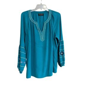 Lane Bryant Teal Green Embroidered Tunic Peasant Top Long Sleeve V-Neck Size 16